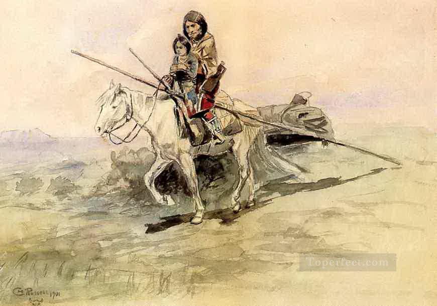 Indien à cheval avec un enfant 1901 Charles Marion Russell Indiens d’Amérique Peintures à l'huile